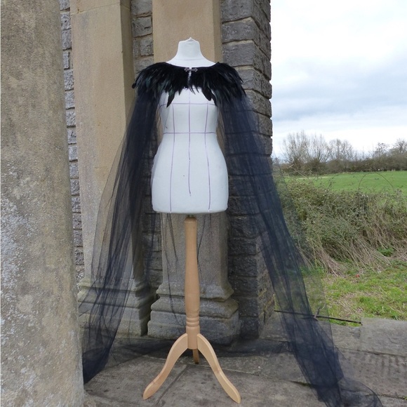 Black Feather Tulle Cape - 71 inches - Picture 2 of 6
